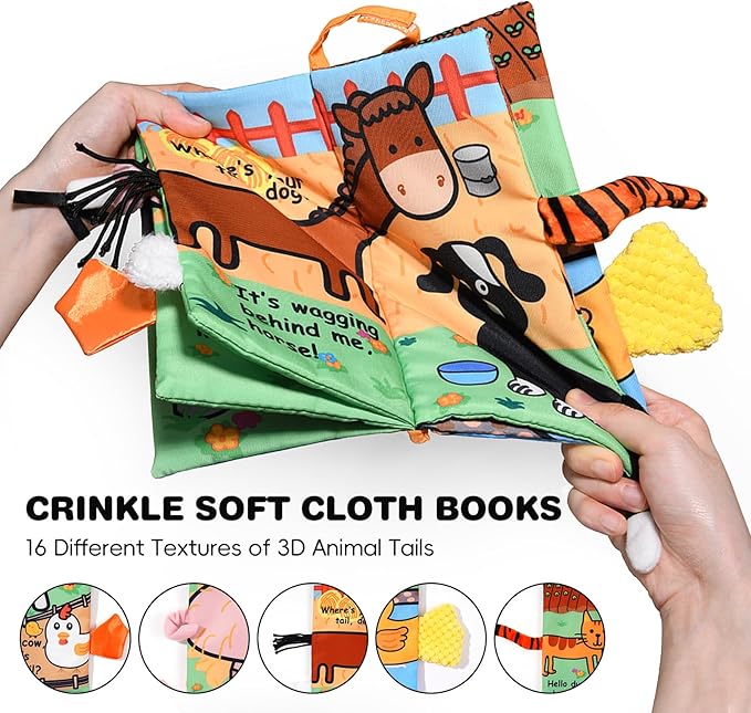 Jollybaby 2 PCS Sensory Touch and Feel Crinkle Books for Baby 0-6 Months, Jungle Farm Tails Montessori Car Set Toys for Tummy Time Newborn 6-12, Soft Fabric Cloth Books for Infant 1 Year Old Gift-BubblyBeeBaby