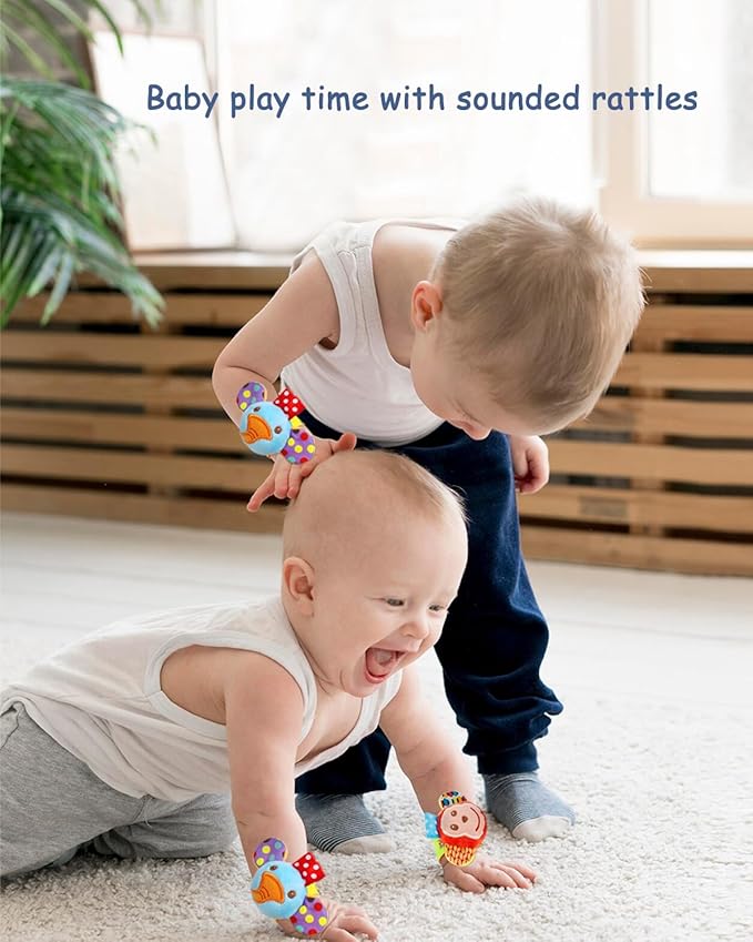 Infant Rattle Socks Toys 0 to 12 Months, Baby Wrist Rattle Foot Finder Socks Set, Birthday Holiday Present for Newborn Boy Girl 0/3/4/6/7/8/9/12/18 Months Kids Toddler, Gift Box Package (4A)-BubblyBeeBaby