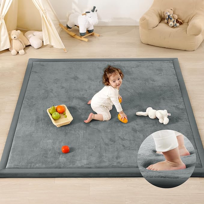 1.3" Thick Baby Play Mat for Floor Playpen, 50x50 Foam Tummy Time Mat, Padded Support Soft Plush Nursery Rug for Infant Kids Toddler Crawling Kick Activity (Dark Grey)-BubblyBeeBaby