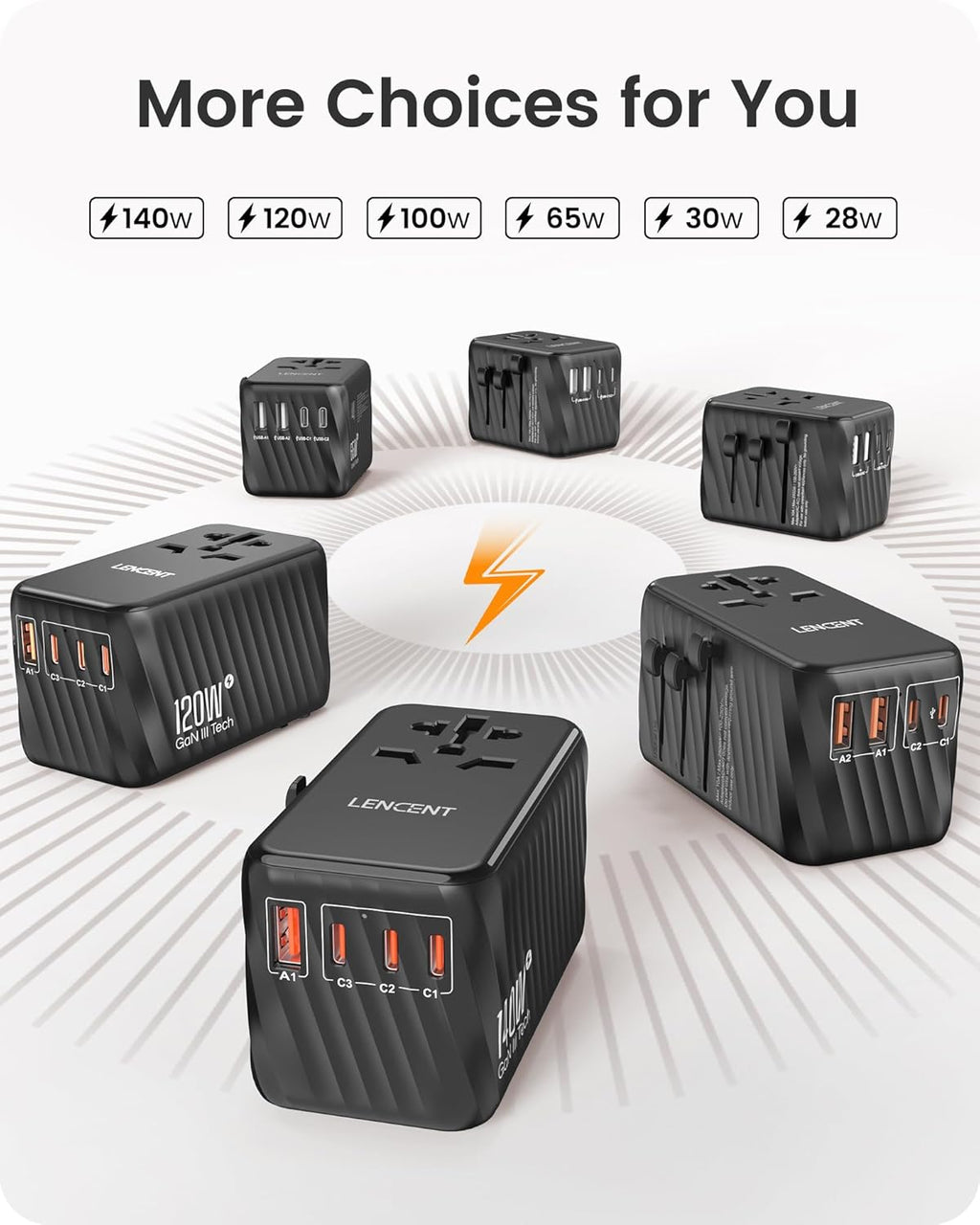 LENCENT Universal Travel Power Adapter, International AC Plug Adaptor with 5.6A 3 USB C 2 USB A Ports Wall Charger Worldwide Travel Essentials for US to EU UK Ireland Australia (Type C/G/A/I) Black