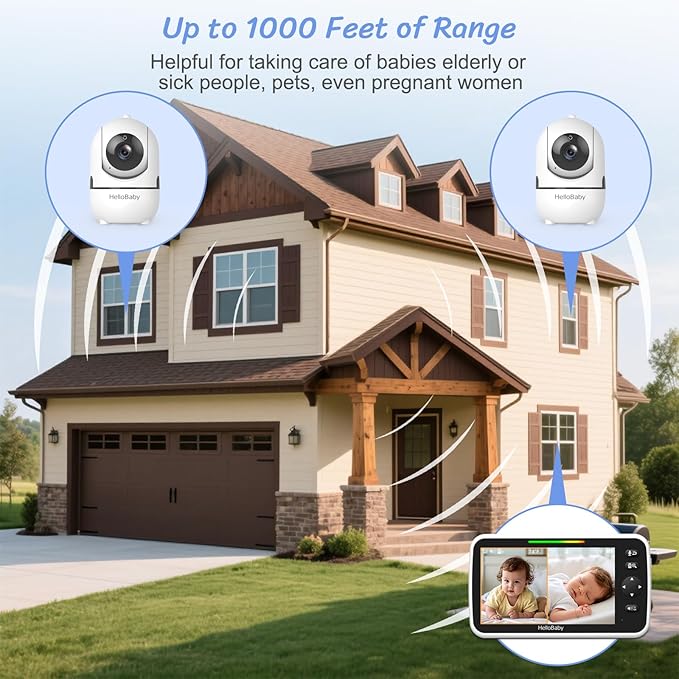 HelloBaby Baby Monitor 2 Cameras, 6'' World First IPS Split-Screen 30H Battery, No WiFi 2-Way Audio, Video, VOX, Double Cameras Pan-Tilt-Zoom, Night Vision, 8 Lullabies, 1000ft for Twins-BubblyBeeBaby