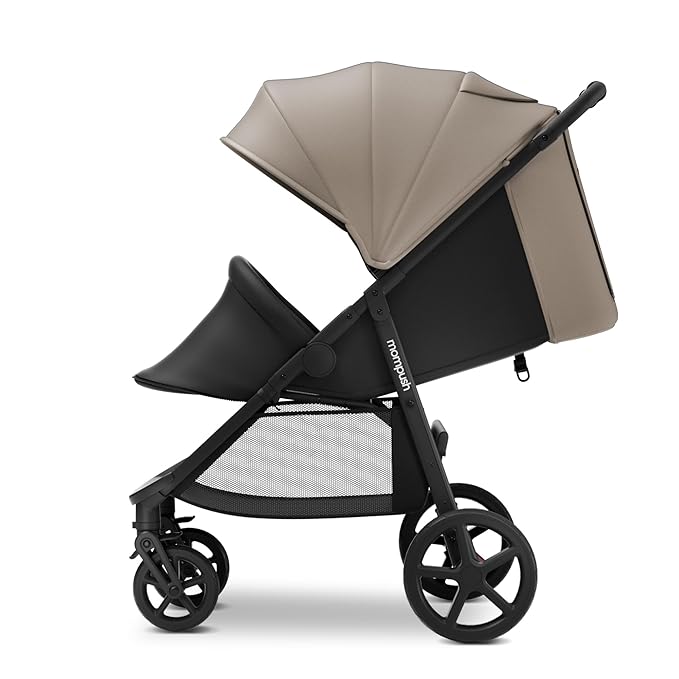 Mompush Nova Baby Stroller for Toddler, Infant & Newborn | Spacious Seat & Lie-Flat Mode | Compact One-Hand Fold, UPF 50+ Canopy & All-Wheel Suspension | Includes Rain Cover & Cup Holder, Khaki-BubblyBeeBaby