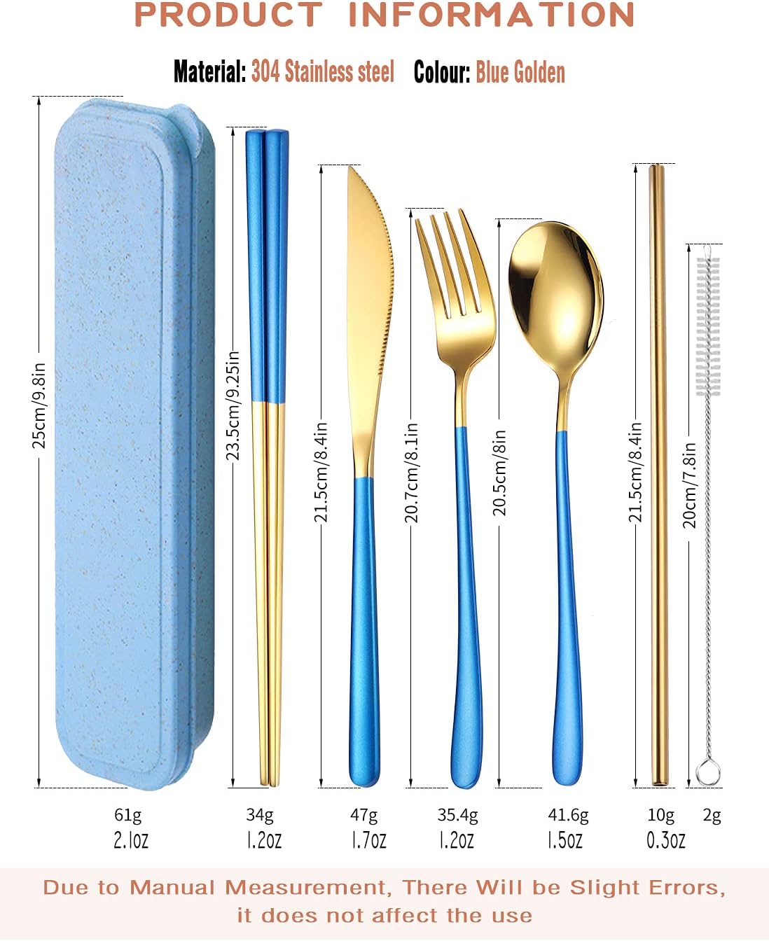 AARAINBOW 6 Pieces 18/8 Stainless Steel Flatware Set Portable Reusable Cutlery Set Travel Utensils Set Including Chopsticks Knife Fork Spoon Straws Cleaning Brush Dishwasher Safe (Blue golden)