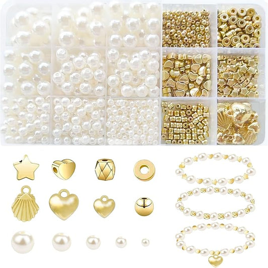 1000Pcs Pearl Beads for Bracelets Making, Pearl Beads for Jewelry Making for Adults, Silver Bracelet Beads DIY Kit, Silver Spacer Beads for Bracelets, Girls Friendship Bracelet Making Kit (Golden)-BubblyBeeBaby
