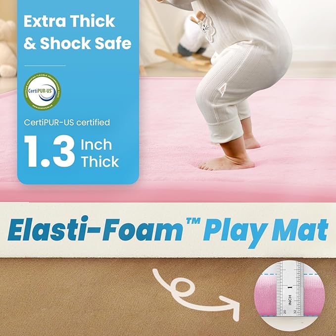 1.3" Thick Baby Play Mat for Floor, 39x59 Foam Tummy Time Mat, Padded Support Soft Plush Nursery Rug for Infant Kids Toddler Crawling Kick Activity (Pink)-BubblyBeeBaby