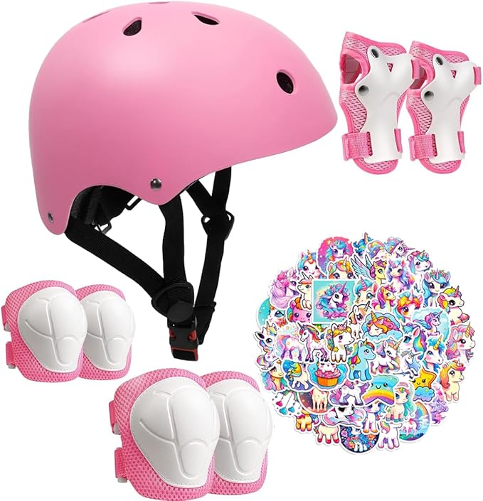 Kids Bike Helmet with Knee Elbow Wrist Pads Guards,Pink,for Ages 2-3-5-8-14,Sports Bicycle,Skate Scooter,Rollerblading with Unicorn Sticker-BubblyBeeBaby