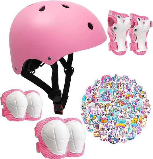 Kids Bike Helmet with Knee Elbow Wrist Pads Guards,Pink,for Ages 2-3-5-8-14,Sports Bicycle,Skate Scooter,Rollerblading with Unicorn Sticker-BubblyBeeBaby