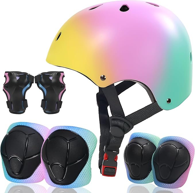 Kids Bike Helmet and Pads Set for Ages 2–14, CPSC Certified Adjustable Helmet with Knee Elbow Wrist Guards, for Skateboard, Scooter, Skating, Rollerblading, Multi-Sport Protective Gear-BubblyBeeBaby