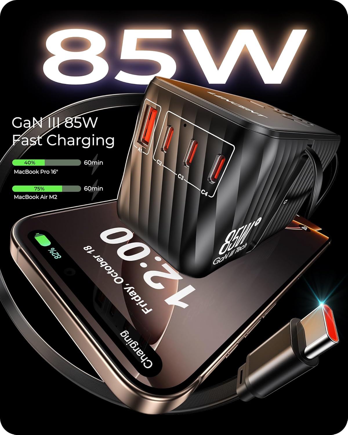 LENCENT 85W Universal Travel Adapter with Retractable USB C Cable, GaN International Plug Adapter with 3 Type C &1 USB A Ports Fast Charging, Worldwide Outlet Converter for US to European EU UK AUS