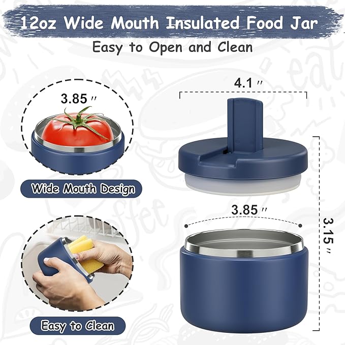12oz Insulated Vacuum Food Jar with Buckle Lid Wide Mouth Soup Thermo for Hot Food Kids Leakproof Stainless Steel Lunch Container- Blue 1 Pack-BubblyBeeBaby