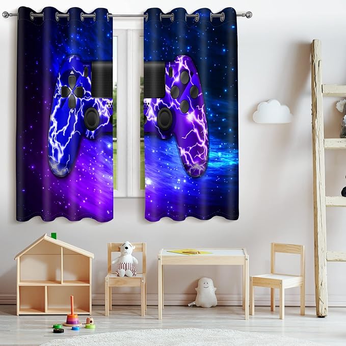 Jekeno Gamer Gaming Gamepad Blackout Curtains Kids Boys Teens Bedroom Purple Blue Video Game Controller Decor Home Living Room Darkening Grommet Window Drapes 2 Panel Set, 42"x63"-BubblyBeeBaby