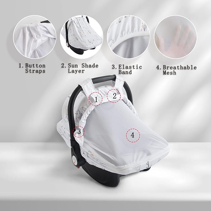 Baby Car Seat Cover, Soft Sun Shade Cover, Breathable Comfortable Privacy Carseat Canopy Protect for Newborn Infant Boys Girls (Animals)-BubblyBeeBaby