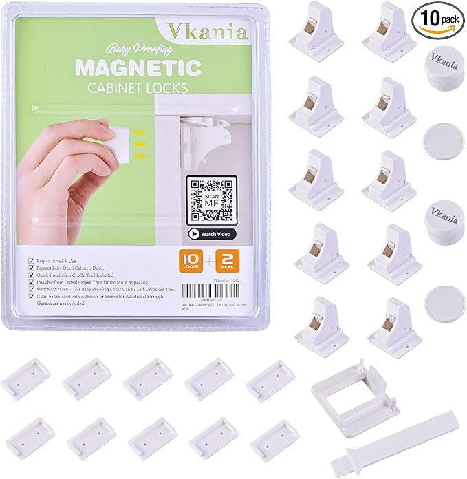 10 Pack Vkania Magnetic Cabinet Locks Baby Proofing - Baby Safety Latches for Drawers and Cabinets - Easy Installation No Drilling-BubblyBeeBaby