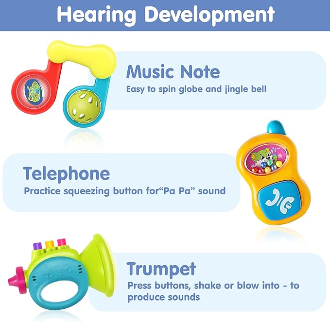 iPlay, iLearn 10pcs Baby Rattles Toys Set, Infant Grab Shake Rattle, Easy Hold Sensory Teether, Babies Development Learning Music Toy, Newborn Shower Birthday Gift 1 2 3 4 5 6 7 9 10 12 Month Boy Girl-BubblyBeeBaby