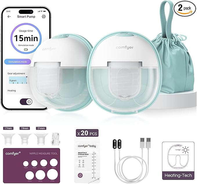 Heated Breast Pump Hands Free, Industry-Leading Heating Tech, Innovative Magnetic Charging Base, App Discreet Control, 20pcs Breastmilk Storage Bags Included, Hospital-Grade Suction, 2 Pack-BubblyBeeBaby