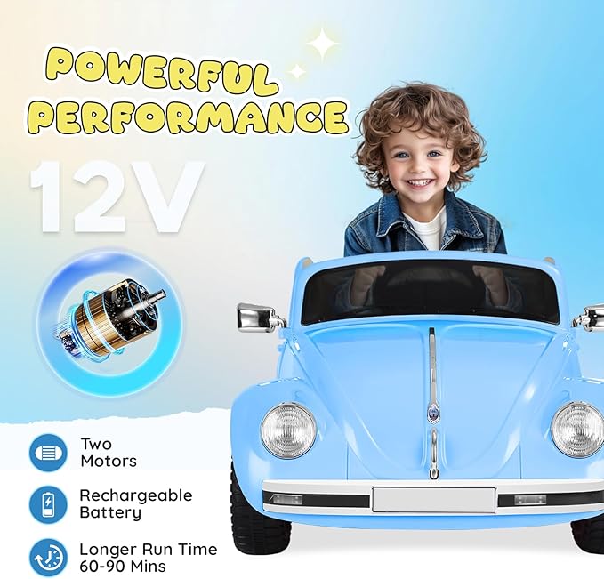 12V Kids Electric Car, Power Wheels with Remote Control, Ride on Car Toys with LED Light, 3 Speeds, Music, Blue-BubblyBeeBaby