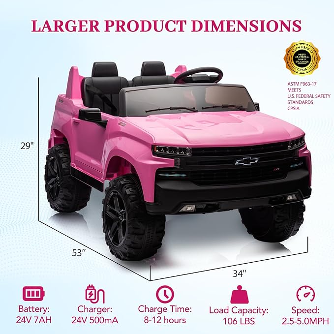 Hetoy 24V 2-Seater Truck Licensed Chevrolet Silverado Ride On Car Toy w/Parent Remote Control,4xSpring Suspension, 3 Speeds, Wireless Music, MP3 Player, Electric Vehicle Car for Kids, Pink-BubblyBeeBaby