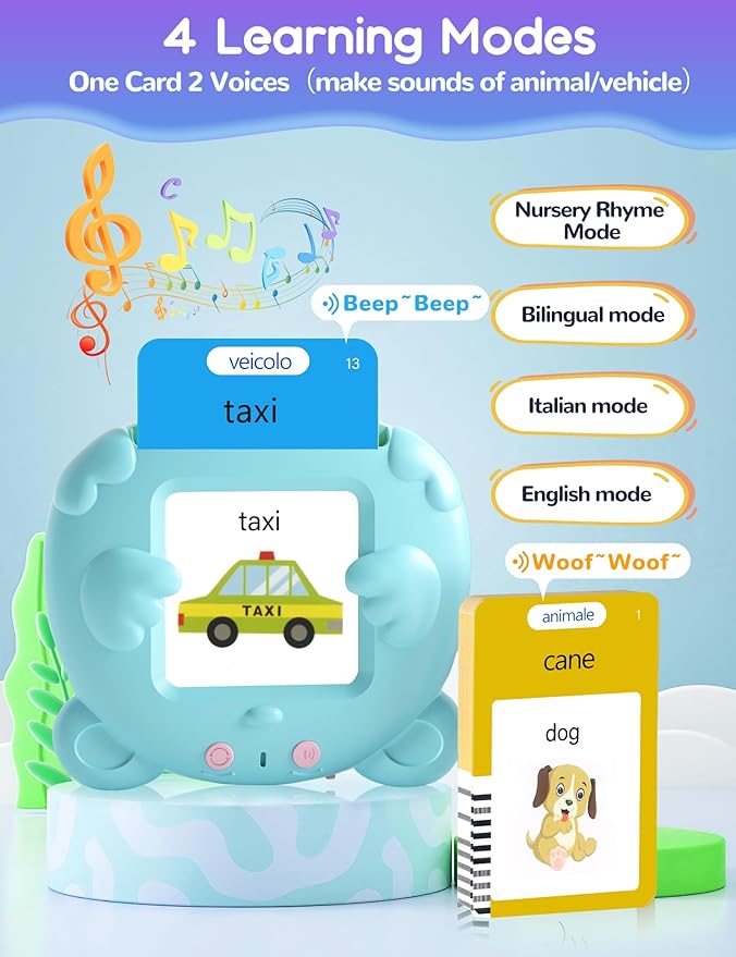 Italian and English Talking Flash Cards for Toddlers, 510 Sight Words Bilingual Learning Toys for Children, Autism Pocket Speech Therapy Toys, Italiano Vocabulary Educational Flashcards-BubblyBeeBaby