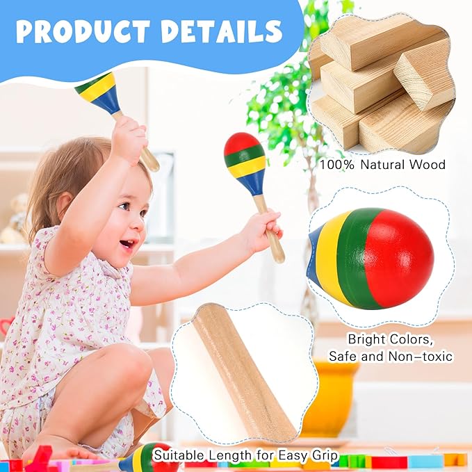 2 Pcs Maracas, Hand Percussion Rattles for Kids, Wooden Rumba Shaker Hand Musical Instruments with Clear Rhythm for Kids Adults Playing (Colorful)-BubblyBeeBaby
