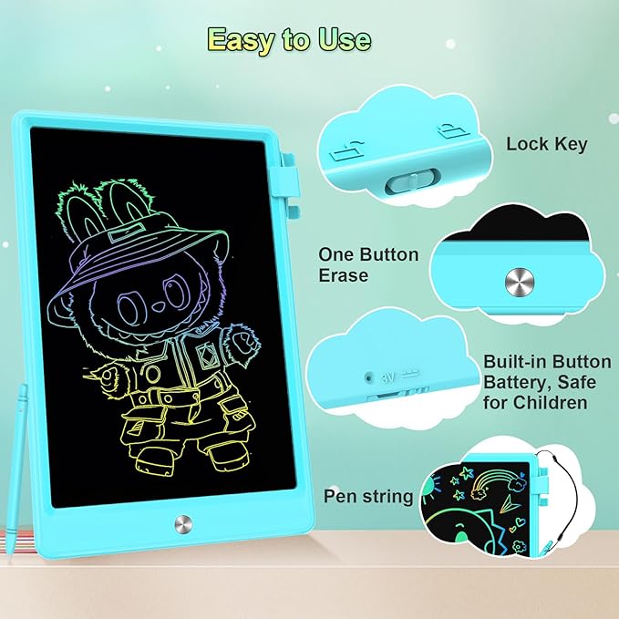 10.5 Inch LCD Writing Tablet for Kids, Colorful Toddler Doodle Board - Erasable Drawing Pad, Educational Learning Toy for Ages 3-8 - Valentine's Day Christmas Birthday Gifts (10.5 Inch, Blue)-BubblyBeeBaby