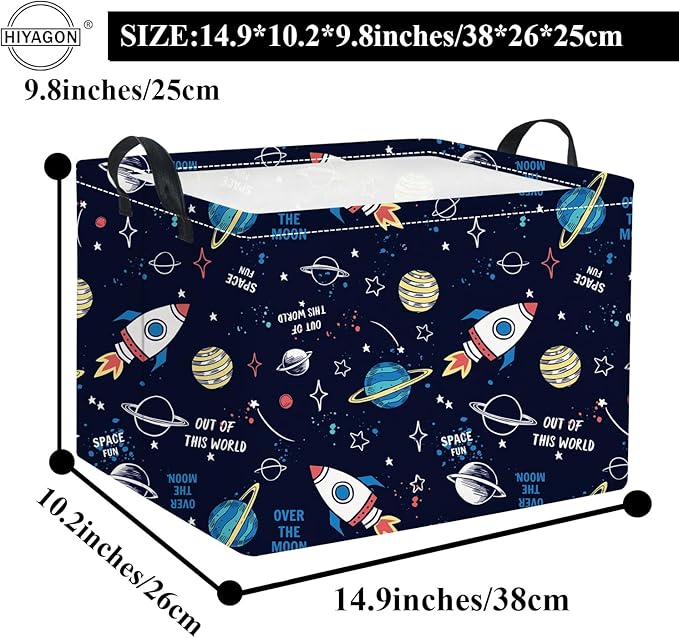 HIYAGON Rectangular Space Basket for Boys Baby Storage Basket Storage Bin Organizer Box Room Decor(Rocket Planet)-BubblyBeeBaby
