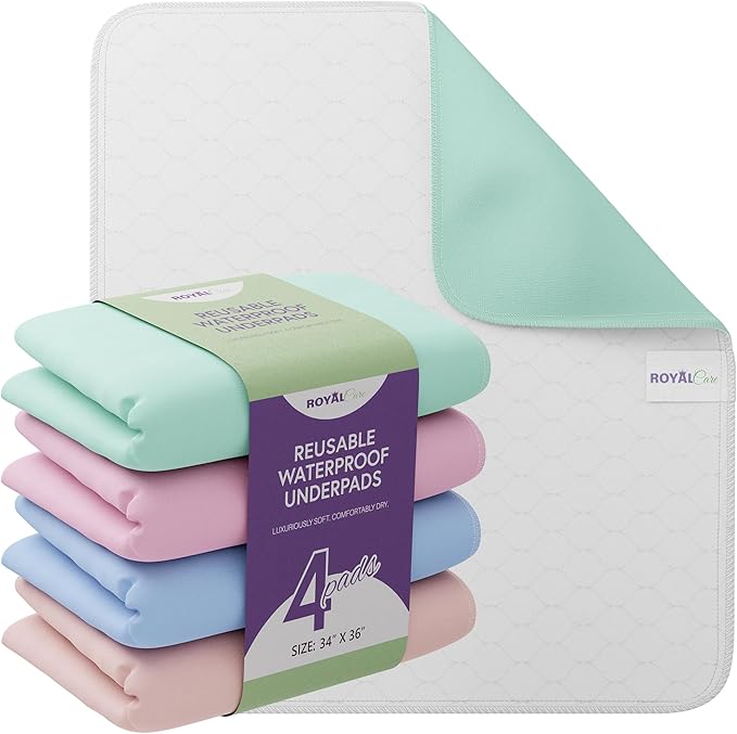 Incontinence Bed Pads - 4 Pack 34" x 36" Reusable Waterproof Mattress Protectors - Highly Absorbent, Machine Washable - for Children, Pets and Seniors - Multi Color - Royal Care-BubblyBeeBaby