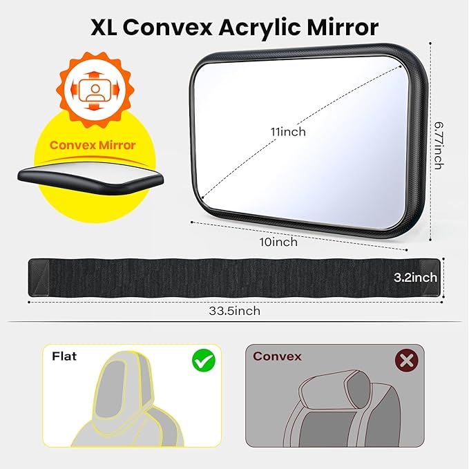 Fixed Headrest Car Mirror for Baby Rear Facing Fit Tesla Shatterproof Baby Mirror for Car Back Seat 360° Wide Clear View Never Shake Crash Tested Stable Velcro Strap Newborn Baby Essentials-BubblyBeeBaby