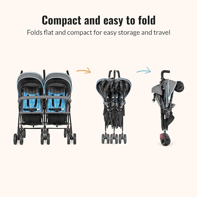 Dream On Me Volgo Twin Umbrella Stroller in Blue, Lightweight Double Stroller for Infant & Toddler, Compact Easy Fold, Large Storage Basket, Large and Adjustable Canopy-BubblyBeeBaby
