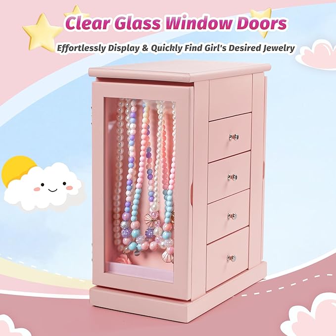 Jewelry Box for Girls, Musical Jewelry Box with Spinning Dancer Gifts for Little Girls Christmas New Year Birthday Children's Day, 5 Layer Large Wooden Kids Music Jewelry Organizer Box(Pink)-BubblyBeeBaby