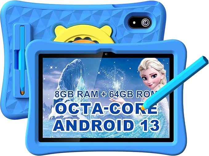10.1 Inch Kids Tablet with Stylus & Case | Octa-Core 8GB RAM 64GB ROM | 7000mAh Android Tablet for Ages 3-12 | Parental Control, Pre-Installed Apps & GMS Certified-BubblyBeeBaby