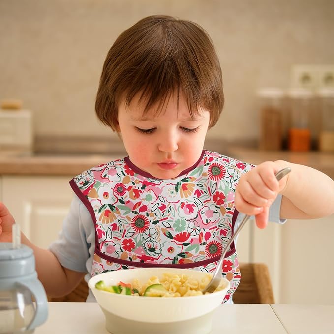 Mess Proof Baby Bib 3 Pack, Waterproof Led Weaning Baby Feeding Bibs with Food Catcher, Travel Feeding Bibs-BubblyBeeBaby