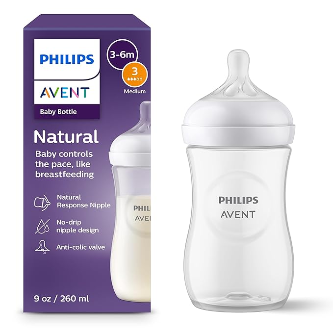 Philips Avent Natural Baby Bottle with Natural Response Nipple (Medium Flow,Flow 3), 9oz, SCY903/01-BubblyBeeBaby