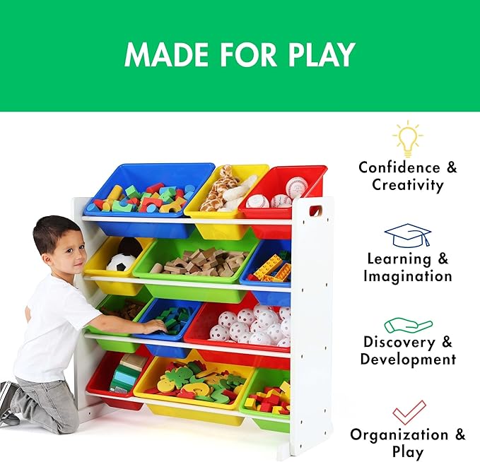 Humble Crew Kids Toy Storage Organizer with 12 Plastic Bins, White/Primary – Removable Bins for Playroom, Bedroom, Toddler Furniture for Boys and Girls Ages-BubblyBeeBaby