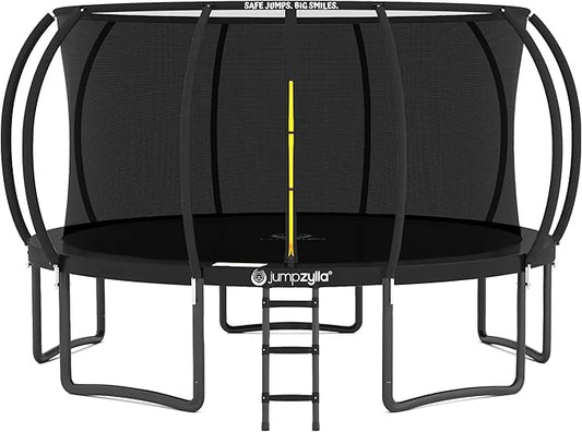 JUMPZYLLA Trampoline Outdoor 8FT 10FT 12FT 14FT 15FT 16FT with Enclosure and Ladder, ASTM Approved Recreational Trampoline for Kids and Adults, Anti-Rust Coated Frame-BubblyBeeBaby