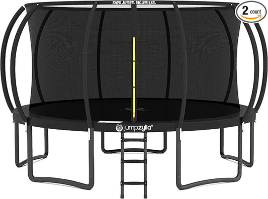 JUMPZYLLA Trampoline Outdoor 8FT 10FT 12FT 14FT 15FT 16FT with Enclosure and Ladder, ASTM Approved Recreational Trampoline for Kids and Adults, Anti-Rust Coated Frame-BubblyBeeBaby