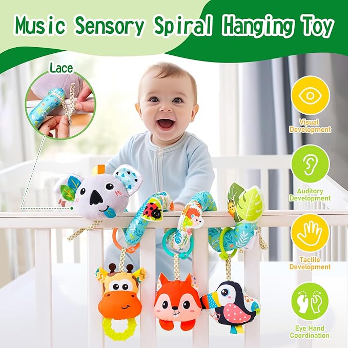 Jollybaby Crib Stroller Car Seat Toys for Baby 0-3-6-9-12 Months, Tummy Time Hanging Sensory Toys for Newborn with Music Box and Teether, Spiral Carseat Toy for Infant Boys Girls Gifts (Grey)-BubblyBeeBaby