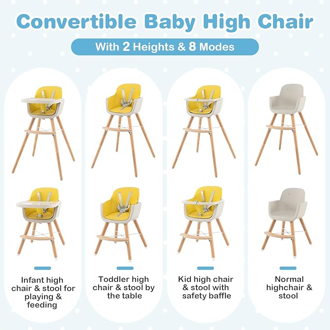 HONEY JOY High Chair, 3-in-1 Eat & Grow Wooden Highchair/Booster Seat/Toddler Chair with Removable Tray, 5-Point Harness, PU Cushion and Footrest for Baby, High Chair for Babies and Toddlers Yellow-BubblyBeeBaby