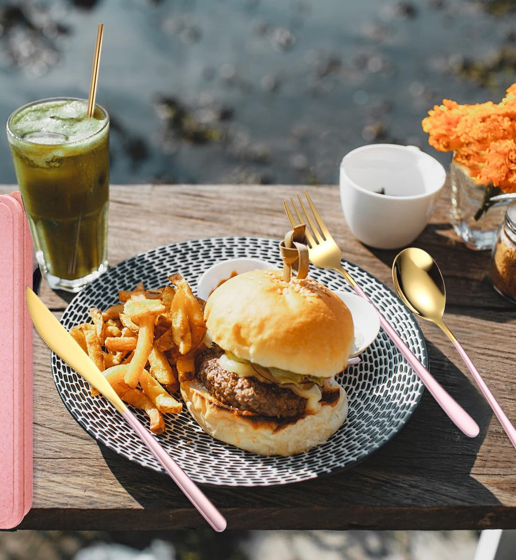 AARAINBOW 6 Pieces 18/8 Stainless Steel Flatware Set Portable Reusable Cutlery Set Travel Utensils Set Including Chopsticks Knife Fork Spoon Straws Cleaning Brush Dishwasher Safe (Pink golden)