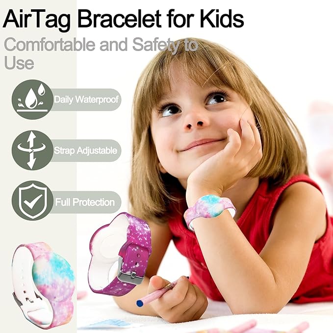 2 Pack Waterproof AirTag Bracelet for Kids, Hidden Printed Wristband for Apple Air Tag, Silicone AirTag Holder GPS Tracker Case for Band for Child Toddler, Secure Anti-Lost Protection(Pink,Purple)-BubblyBeeBaby