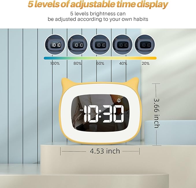 Kids Alarm Clock with Night Light & 18 Ringtones,Rechargeable,Cute Cat Ear Clock for Boys Girls Birthday Presents,Digital Clock for Children's Bedroom(Yellow)-BubblyBeeBaby
