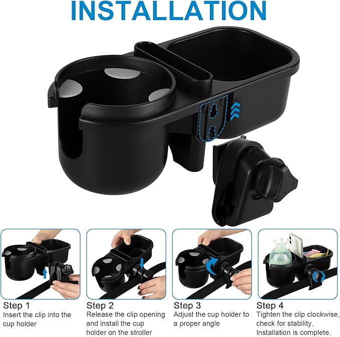 Accmor Stroller Cup Holder with Tray, Universal Cup Holder, Bike Bottle Holder, 360° Rotatable Large Caliber Drinks Holder for Stroller, Bike, Wheelchair, Walker-BubblyBeeBaby