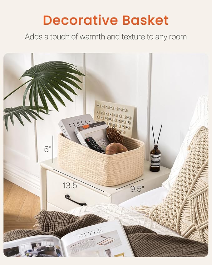 KALLAX Small Woven Basket, 13.5 x 9.5 x 5 Inches, Storage Basket for Organizing, Cute Small Rope Shelf Closet Cube Storage Bins Baskets for Shelves, Dog Toy Gift Baskets Empty, 3 Packs, Beige-BubblyBeeBaby