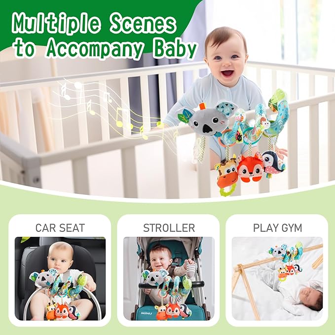 Jollybaby Crib Stroller Car Seat Toys for Baby 0-3-6-9-12 Months, Tummy Time Hanging Sensory Toys for Newborn with Music Box and Teether, Spiral Carseat Toy for Infant Boys Girls Gifts (Grey)-BubblyBeeBaby