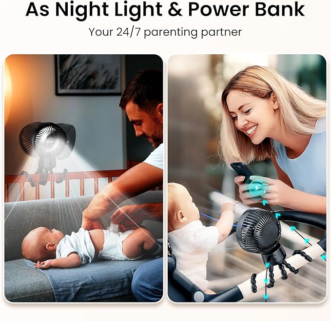 20000mAh Portable Stroller Fan with Auto Oscillating, Extended Anti-Slip Detachable Flexible Tripod, Power Bank & LED Light, 3-Speed Quiet Long Time Cooling Clip On Fans for Baby Crib Car Seat Travel-BubblyBeeBaby