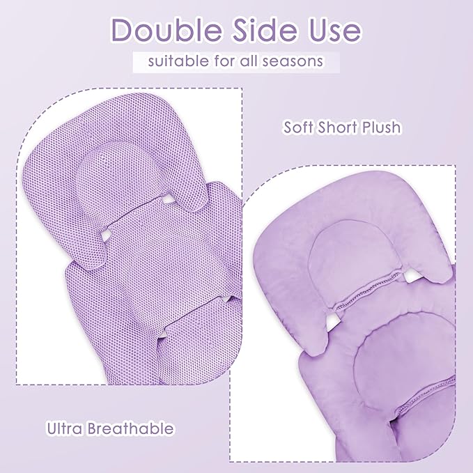 Infant Car Seat Insert for Newborn Girls Boys, Summer Mesh Baby Carseat Head Support with Strap Pads, Soft Reversible Baby Car Seat Insert Cushion Pad for Car Seat, Stroller, Bouncer, Swing, Purple-BubblyBeeBaby