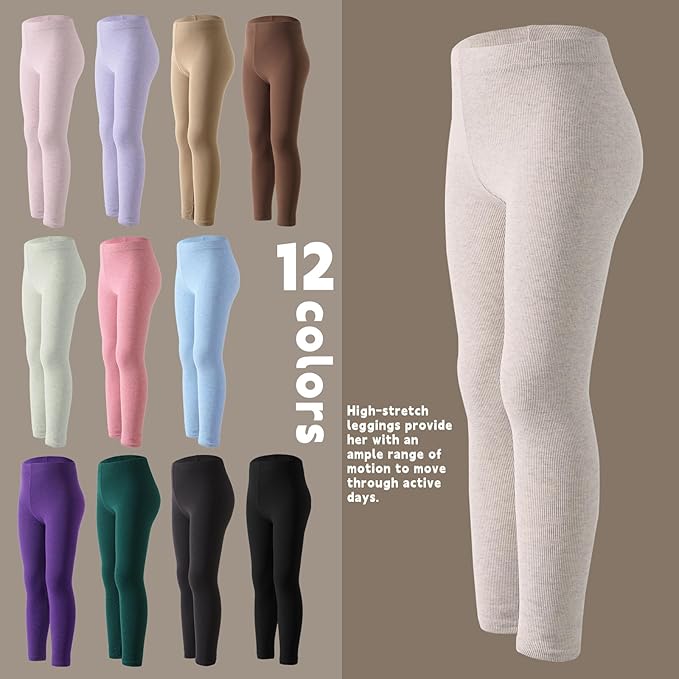 12 Pack Girls Leggings - Soft Stretchy Yoga Pants for Kids, Basic School Pants-BubblyBeeBaby