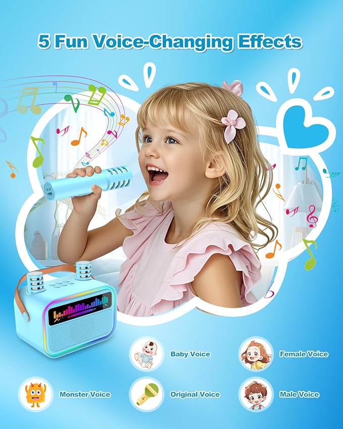 Karaoke Machine for Kids Adults, Birthday Gifts Toys for Girls Boys Age 3-12+,Mini Portable Bluetooth Singing Speaker with 2 Wireless Microphones & LED Lights (Blue)-BubblyBeeBaby