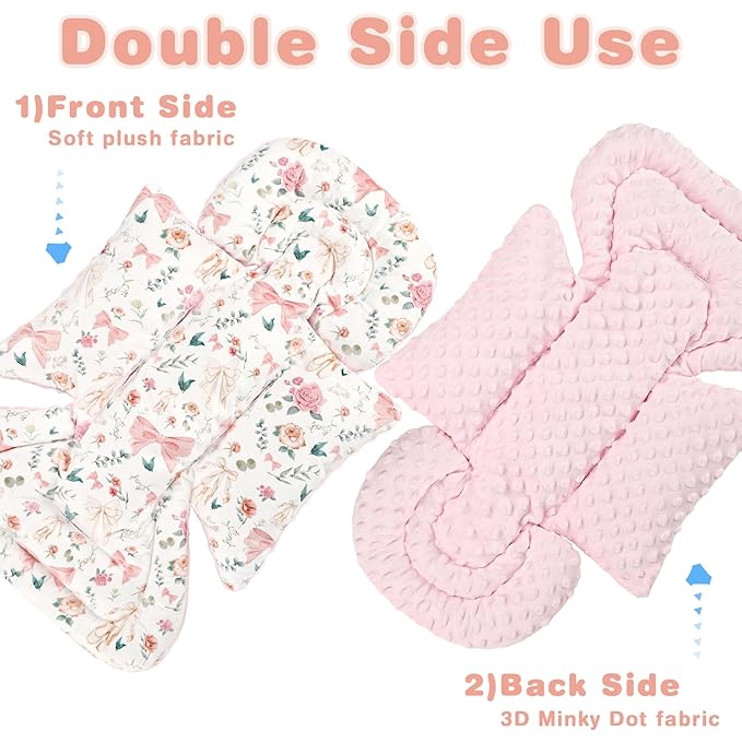 3-in-1 Infant Car Seat Insert, Soft Head and Body Support,Ultra & Strap Covers Set, Reversible Newborn Car Seat Cushion Pad for Baby Boy & Girl fits Stroller, Swing, Bouncer (Pink Bow)-BubblyBeeBaby