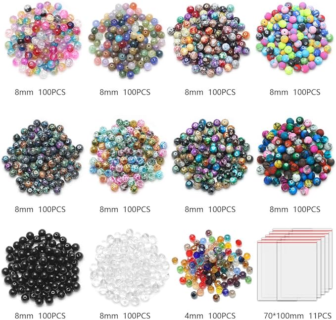 1100pcs 8mm Round Glass Beads for Jewelry Making, Bracelet Necklace Earring DIY Crafts Bulk Kit with Large Hole 83 Different Crystal Beads for Adults Jewelry Supplies-BubblyBeeBaby