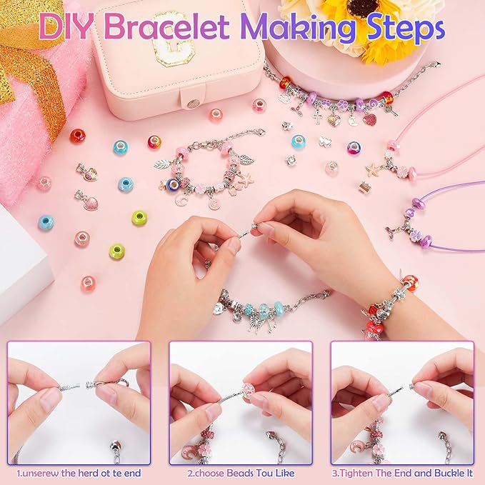 140 PCS Charm Bracelet Making Kit for Girls Age 8-12 Charm Beads for Kids Jewelry Making DIY Bracelet Craft Kit for Girls Valentine Christmas Birthday Gifts with Portable Bracelet Box-BubblyBeeBaby